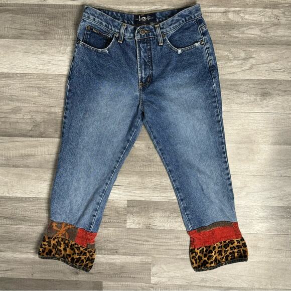 Y2K L.E.I. Leopard Patchwork Capri Crop Jeans Mid Rise Indie Sleaze Size 7 - Picture 2 of 7